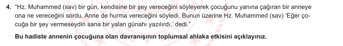 7. Sınıf Din Kültürü ve Ahlak Bilgisi 2023-2024 2. Dönem 1. Yazılı 1. Bölüm 4. Soru görseli