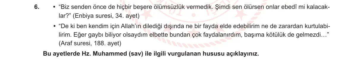 7. Sınıf Din Kültürü ve Ahlak Bilgisi 2023-2024 2. Dönem 1. Yazılı 1. Bölüm 6. Soru görseli
