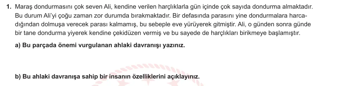 7. Sınıf Din Kültürü ve Ahlak Bilgisi 2023-2024 2. Dönem 1. Yazılı 2. Bölüm 1. Soru görseli