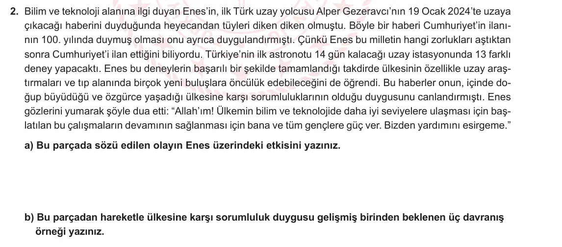 7. Sınıf Din Kültürü ve Ahlak Bilgisi 2023-2024 2. Dönem 1. Yazılı 2. Bölüm 2. Soru görseli