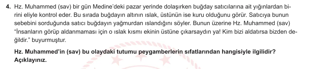 8. Sınıf Din Kültürü ve Ahlak Bilgisi 2023-2024 2. Dönem 1. Yazılı 1. Bölüm 4. Soru görseli