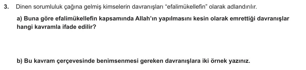 9. Sınıf Din Kültürü ve Ahlak Bilgisi 2023-2024 2. Dönem 1. Yazılı 1. Bölüm 3. Soru görseli