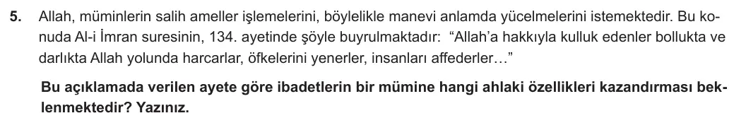 9. Sınıf Din Kültürü ve Ahlak Bilgisi 2023-2024 2. Dönem 1. Yazılı 1. Bölüm 5. Soru görseli