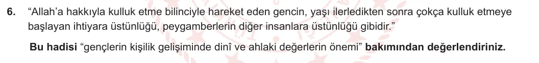 9. Sınıf Din Kültürü ve Ahlak Bilgisi 2023-2024 2. Dönem 1. Yazılı 1. Bölüm 6. Soru görseli