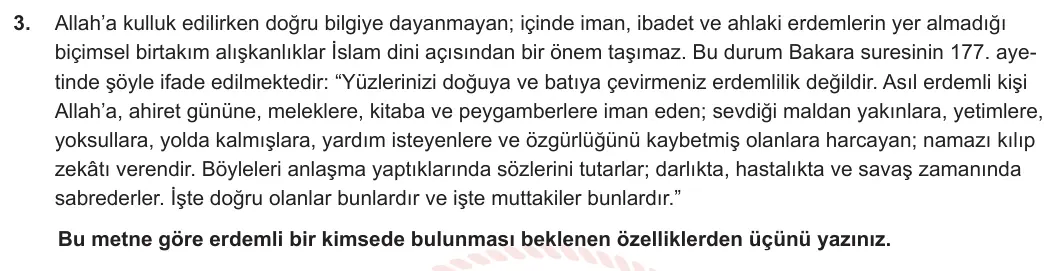 9. Sınıf Din Kültürü ve Ahlak Bilgisi 2023-2024 2. Dönem 1. Yazılı 2. Bölüm 3. Soru görseli