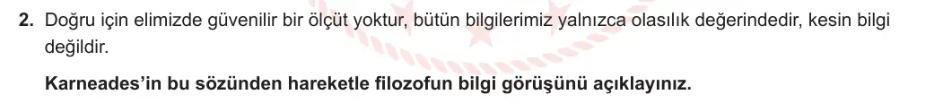 10. Sınıf Felsefe 2023-2024 2. Dönem 1. Yazılı 1. Bölüm 2. Soru görseli