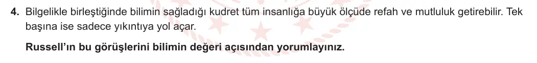 10. Sınıf Felsefe 2023-2024 2. Dönem 1. Yazılı 1. Bölüm 4. Soru görseli