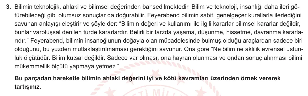 10. Sınıf Felsefe 2023-2024 2. Dönem 1. Yazılı 2. Bölüm 3. Soru görseli
