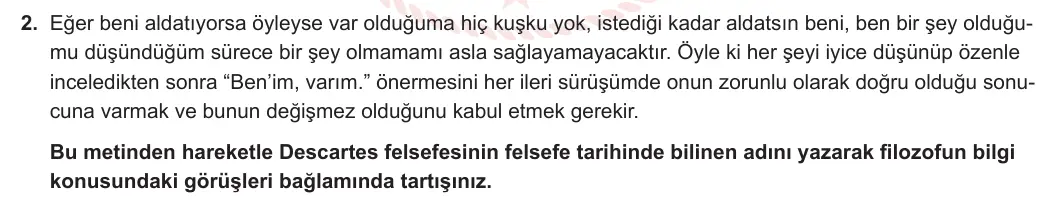 11. Sınıf Felsefe 2023-2024 2. Dönem 1. Yazılı 2. Bölüm 2. Soru görseli