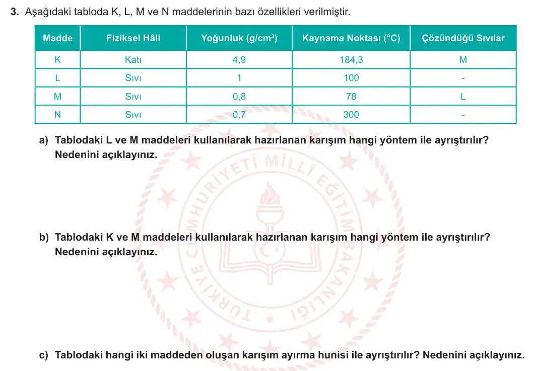 7. Sınıf Fen Bilimleri 2023-2024 2. Dönem 1. Yazılı 2. Bölüm 3. Soru görseli
