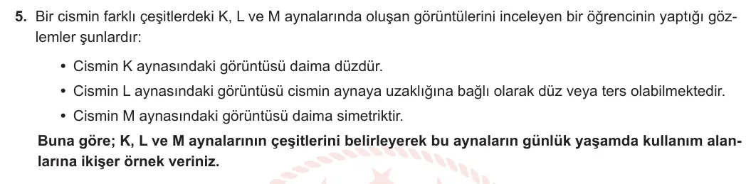 7. Sınıf Fen Bilimleri 2023-2024 2. Dönem 1. Yazılı 2. Bölüm 5. Soru görseli