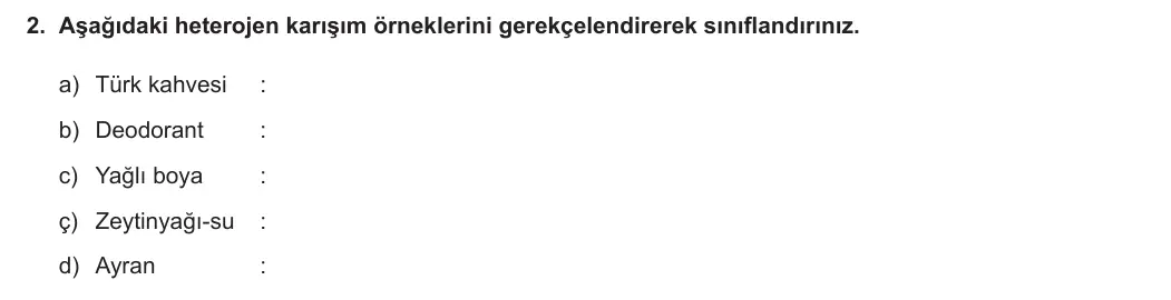 10. Sınıf Kimya 2023-2024 2. Dönem 1. Yazılı 1. Bölüm 2. Soru görseli