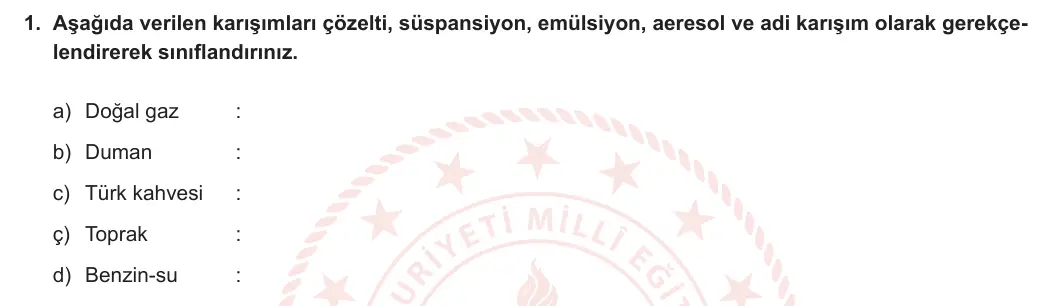 10. Sınıf Kimya 2023-2024 2. Dönem 1. Yazılı 4. Bölüm 1. Soru görseli