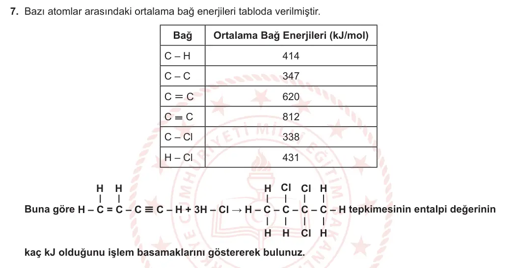 11. Sınıf Kimya 2023-2024 2. Dönem 1. Yazılı 1. Bölüm 7. Soru görseli