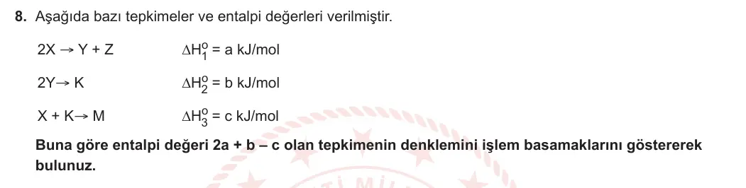 11. Sınıf Kimya 2023-2024 2. Dönem 1. Yazılı 1. Bölüm 8. Soru görseli