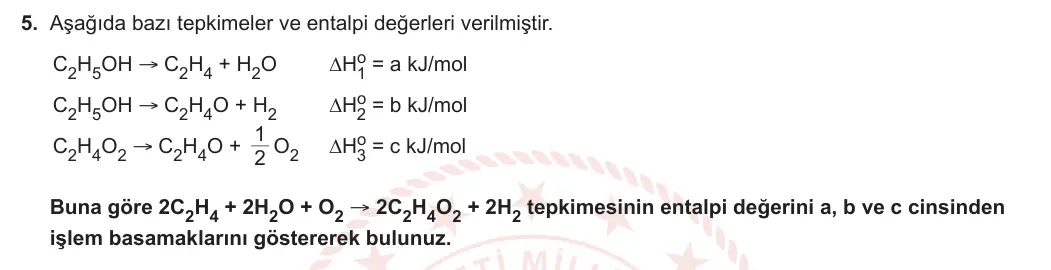 11. Sınıf Kimya 2023-2024 2. Dönem 1. Yazılı 2. Bölüm 5. Soru görseli