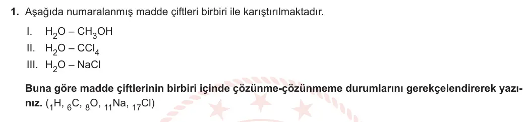 11. Sınıf Kimya 2023-2024 2. Dönem 1. Yazılı 3. Bölüm 1. Soru görseli
