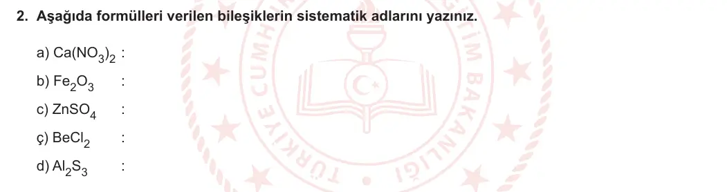 9. Sınıf Kimya 2023-2024 2. Dönem 1. Yazılı 1. Bölüm 2. Soru görseli