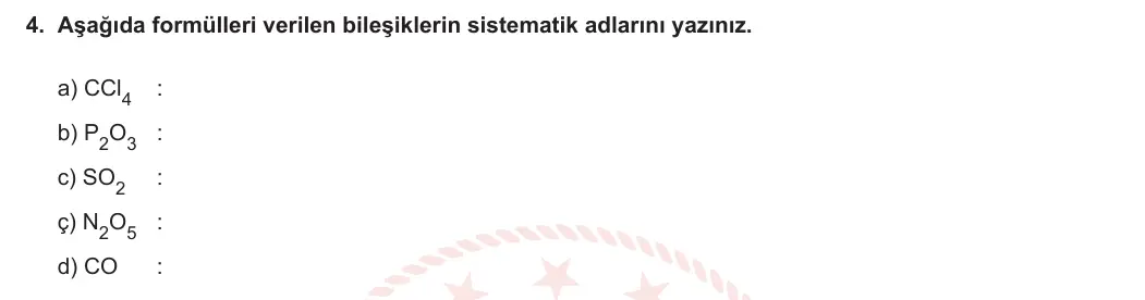 9. Sınıf Kimya 2023-2024 2. Dönem 1. Yazılı 1. Bölüm 4. Soru görseli