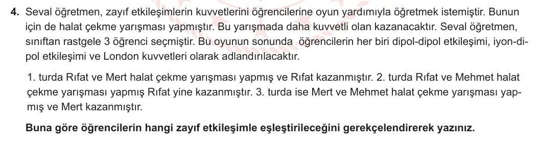 9. Sınıf Kimya 2023-2024 2. Dönem 1. Yazılı 2. Bölüm 4. Soru görseli
