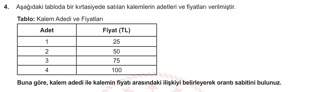 7. Sınıf Matematik 2023-2024 2. Dönem 1. Yazılı 1. Bölüm 4. Soru görseli