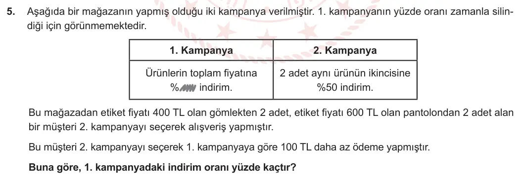 7. Sınıf Matematik 2023-2024 2. Dönem 1. Yazılı 2. Bölüm 5. Soru görseli