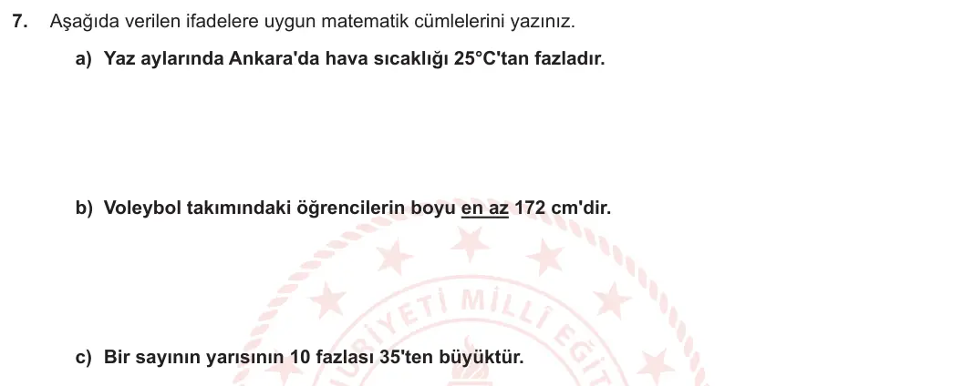 8. Sınıf Matematik 2023-2024 2. Dönem 1. Yazılı 1. Bölüm 7. Soru görseli
