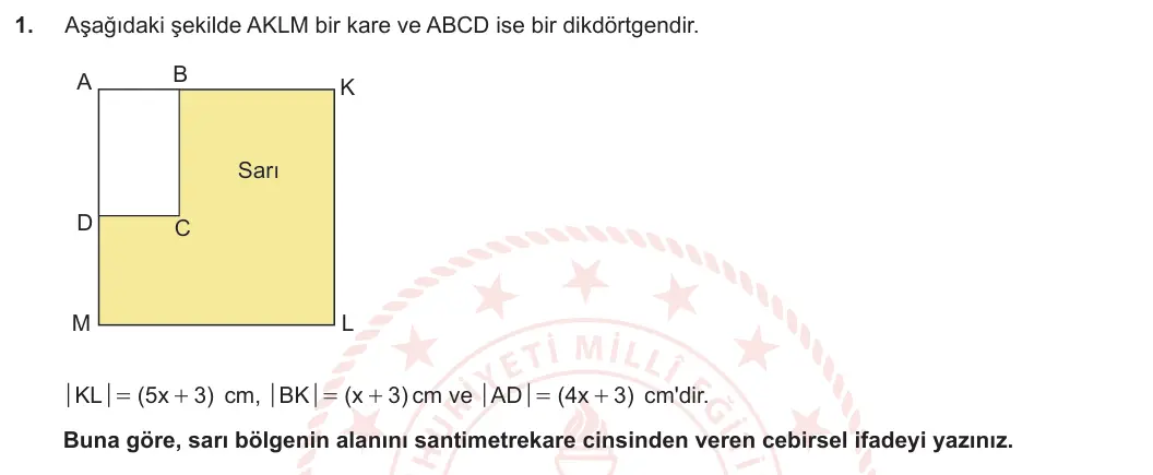8. Sınıf Matematik 2023-2024 2. Dönem 1. Yazılı 2. Bölüm 1. Soru görseli