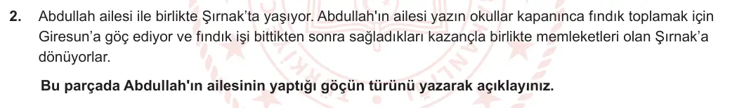 7. Sınıf Sosyal Bilgiler 2023-2024 2. Dönem 1. Yazılı 1. Bölüm 2. Soru görseli