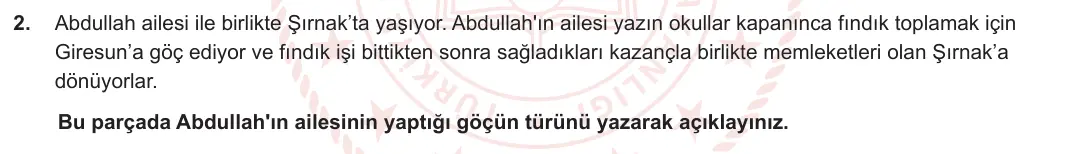 7. Sınıf Sosyal Bilgiler 2023-2024 2. Dönem 1. Yazılı 2. Bölüm 2. Soru görseli