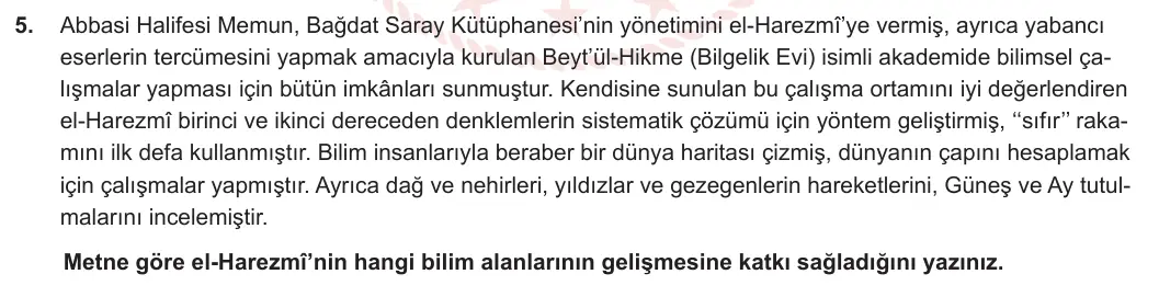 7. Sınıf Sosyal Bilgiler 2023-2024 2. Dönem 1. Yazılı 2. Bölüm 5. Soru görseli