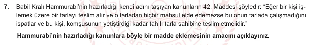 7. Sınıf Sosyal Bilgiler 2023-2024 2. Dönem 1. Yazılı 2. Bölüm 7. Soru görseli
