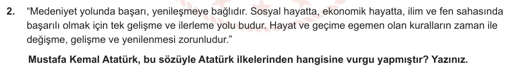 8. Sınıf T.C. İnkılap Tarihi ve Atatürkçülük 2023-2024 2. Dönem 1. Yazılı 1. Bölüm 2. Soru görseli