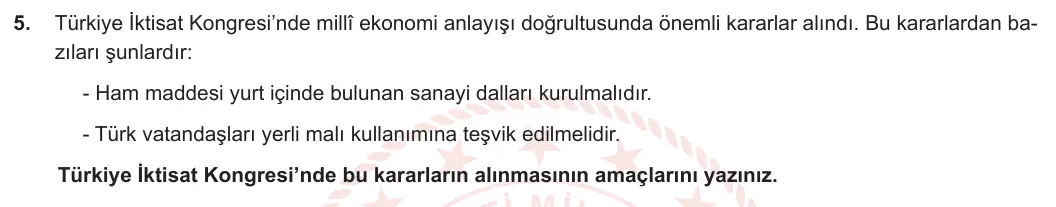 8. Sınıf T.C. İnkılap Tarihi ve Atatürkçülük 2023-2024 2. Dönem 1. Yazılı 1. Bölüm 5. Soru görseli