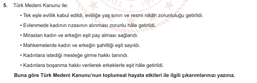 8. Sınıf T.C. İnkılap Tarihi ve Atatürkçülük 2023-2024 2. Dönem 1. Yazılı 2. Bölüm 5. Soru görseli