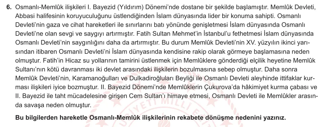 10. Sınıf Tarih 2023-2024 2. Dönem 1. Yazılı 1. Bölüm 6. Soru görseli (1/2)