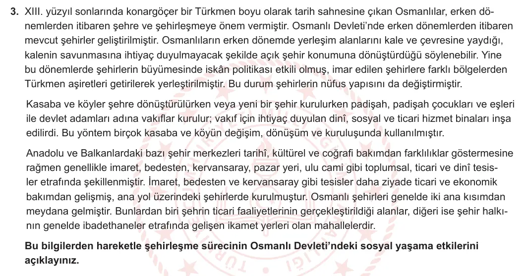 10. Sınıf Tarih 2023-2024 2. Dönem 1. Yazılı 2. Bölüm 3. Soru görseli (1/2)