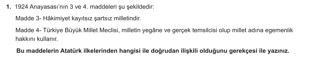12. Sınıf T.C. İnkılap Tarihi ve Atatürkçülük 2023-2024 2. Dönem 1. Yazılı 1. Bölüm 1. Soru görseli