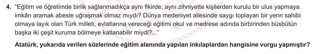 12. Sınıf T.C. İnkılap Tarihi ve Atatürkçülük 2023-2024 2. Dönem 1. Yazılı 1. Bölüm 4. Soru görseli