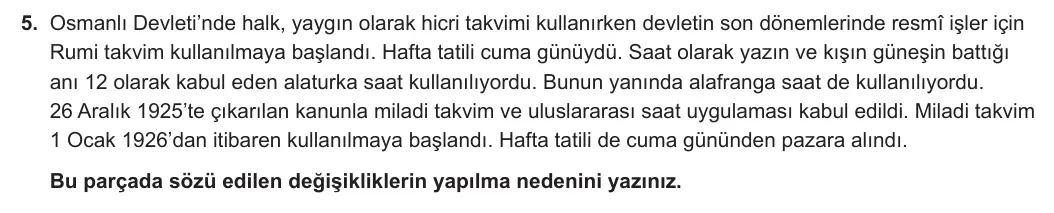 12. Sınıf T.C. İnkılap Tarihi ve Atatürkçülük 2023-2024 2. Dönem 1. Yazılı 1. Bölüm 5. Soru görseli