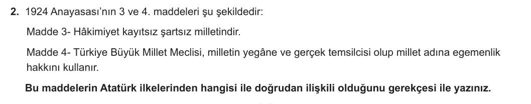 12. Sınıf T.C. İnkılap Tarihi ve Atatürkçülük 2023-2024 2. Dönem 1. Yazılı 2. Bölüm 2. Soru görseli