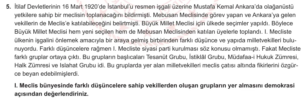 12. Sınıf T.C. İnkılap Tarihi ve Atatürkçülük 2023-2024 2. Dönem 1. Yazılı 2. Bölüm 5. Soru görseli