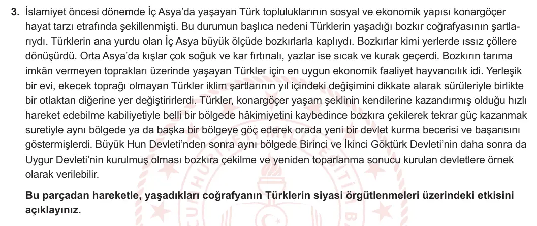 9. Sınıf Tarih 2023-2024 2. Dönem 1. Yazılı 1. Bölüm 3. Soru görseli (1/2)