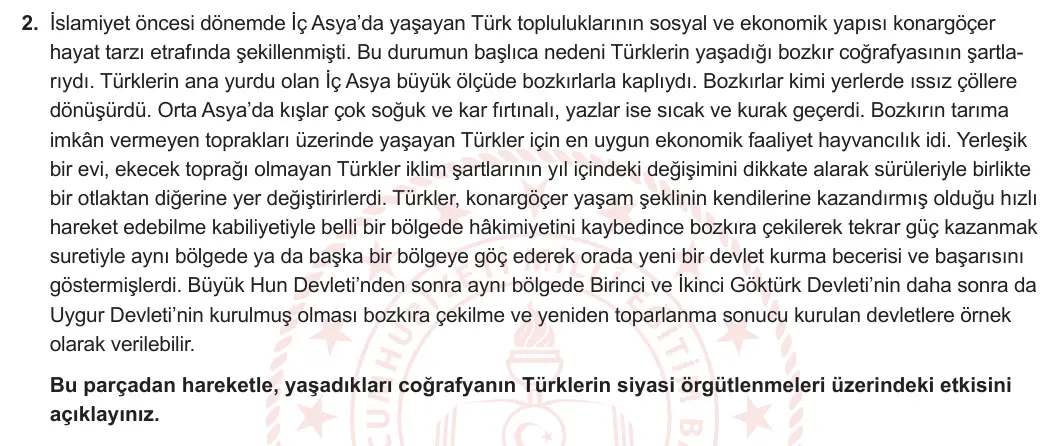 9. Sınıf Tarih 2023-2024 2. Dönem 1. Yazılı 2. Bölüm 2. Soru görseli (1/2)