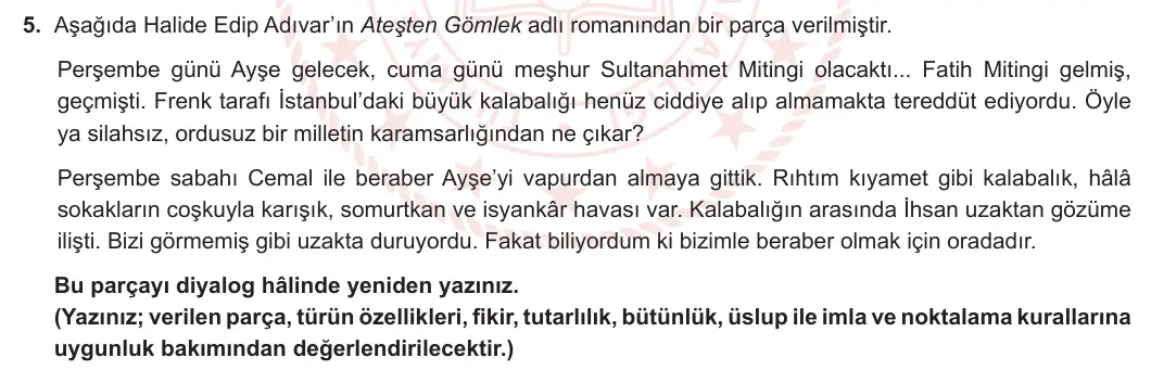 10. Sınıf Türk Dili ve Edebiyatı 2023-2024 2. Dönem 1. Yazılı 1. Bölüm 5. Soru görseli