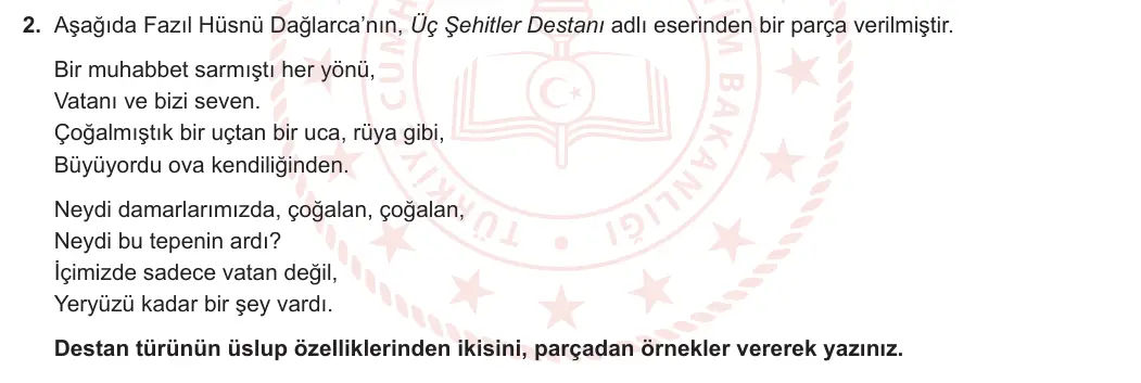 10. Sınıf Türk Dili ve Edebiyatı 2023-2024 2. Dönem 1. Yazılı 2. Bölüm 2. Soru görseli