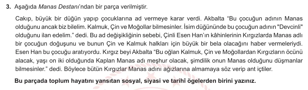 10. Sınıf Türk Dili ve Edebiyatı 2023-2024 2. Dönem 1. Yazılı 2. Bölüm 3. Soru görseli