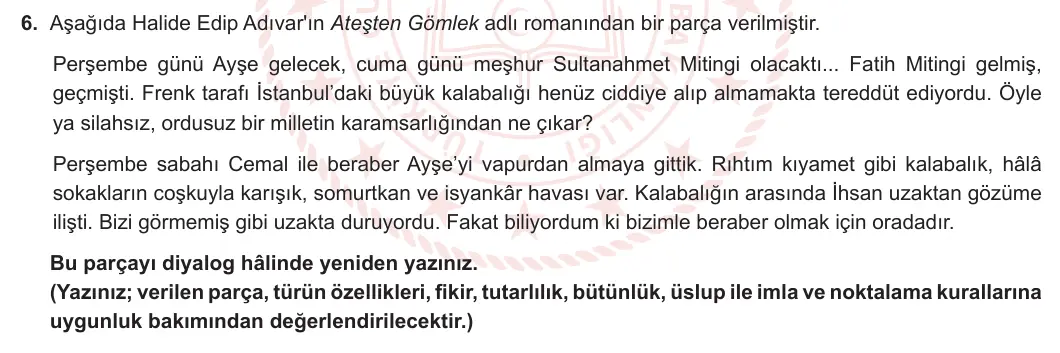 10. Sınıf Türk Dili ve Edebiyatı 2023-2024 2. Dönem 1. Yazılı 2. Bölüm 6. Soru görseli