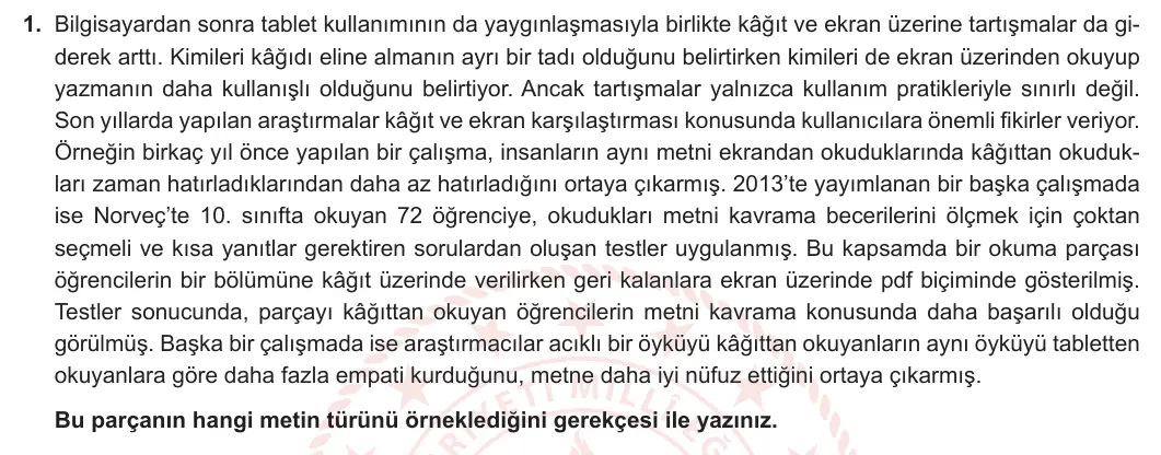 11. Sınıf Türk Dili ve Edebiyatı 2023-2024 2. Dönem 1. Yazılı 1. Bölüm 1. Soru görseli