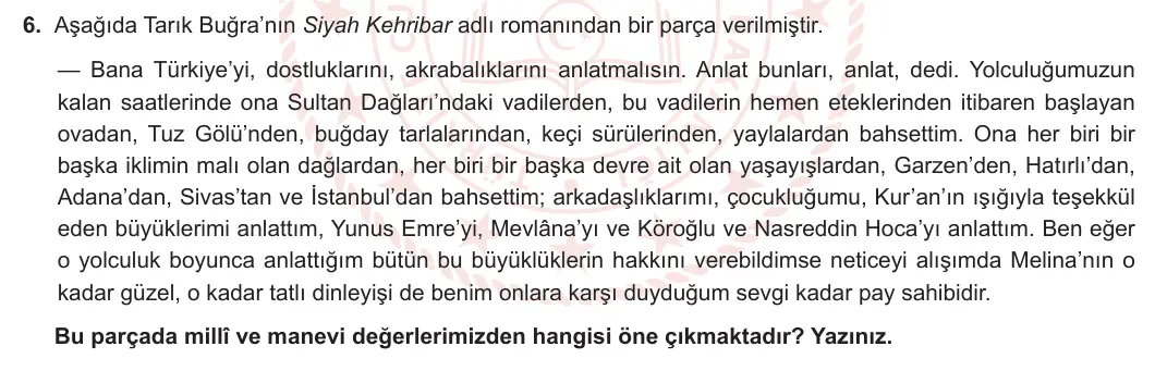 11. Sınıf Türk Dili ve Edebiyatı 2023-2024 2. Dönem 1. Yazılı 2. Bölüm 6. Soru görseli